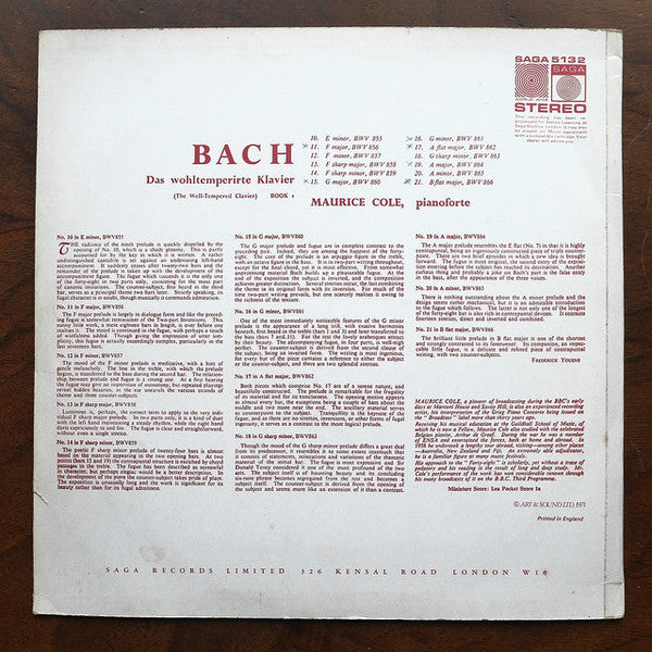 Johann Sebastian Bach – Maurice Cole : Das Wohltemperirte Klavier Vol 2 (LP, RM)
