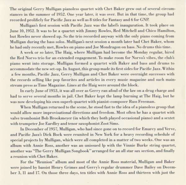 Gerry Mulligan Quartet : Reunion With Chet Baker (CD, Album, Mono, RE)
