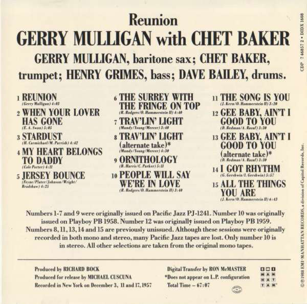 Gerry Mulligan Quartet : Reunion With Chet Baker (CD, Album, Mono, RE)