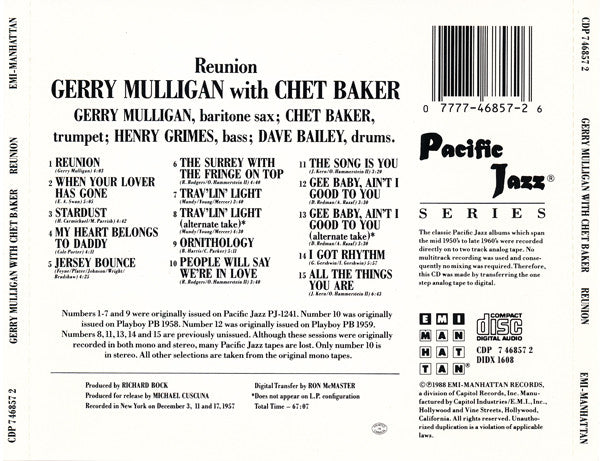Gerry Mulligan Quartet : Reunion With Chet Baker (CD, Album, Mono, RE)