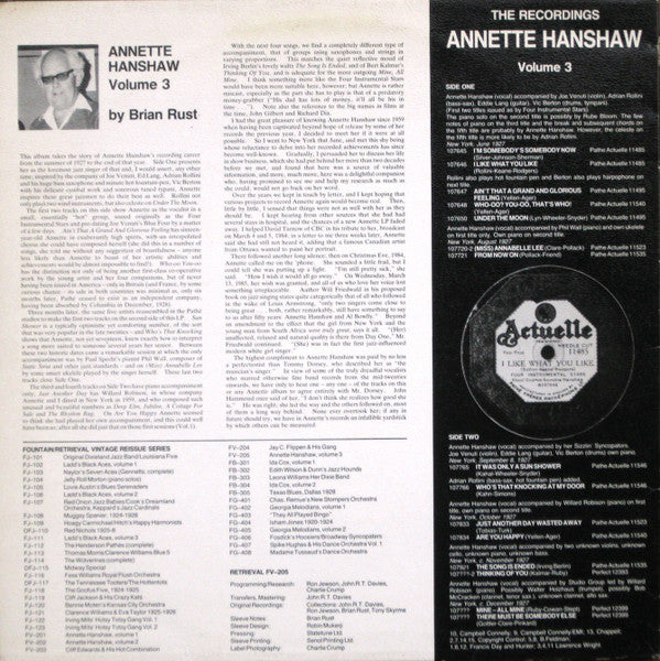 Miss Annette Hanshaw* : The Early Years 1927. Volume 3 (LP, Comp, Mono)
