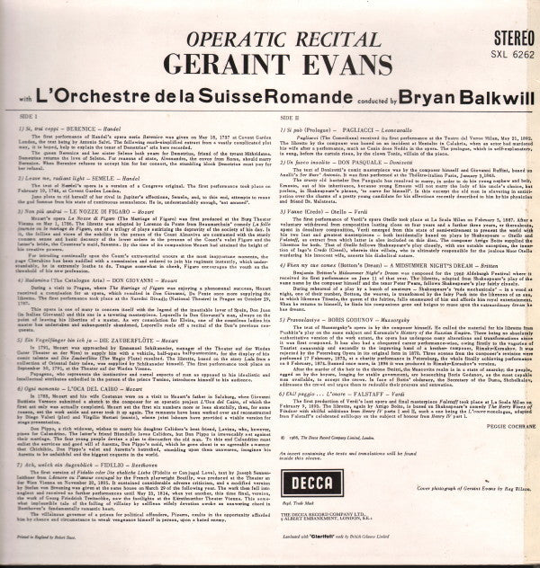 Geraint Evans with L'Orchestre De La Suisse Romande conducted by Bryan Balkwill : Operatic Recital (LP, Album)