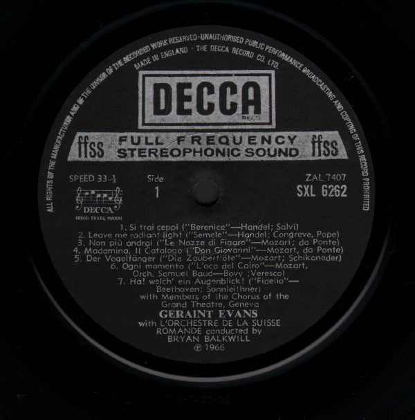 Geraint Evans with L'Orchestre De La Suisse Romande conducted by Bryan Balkwill : Operatic Recital (LP, Album)