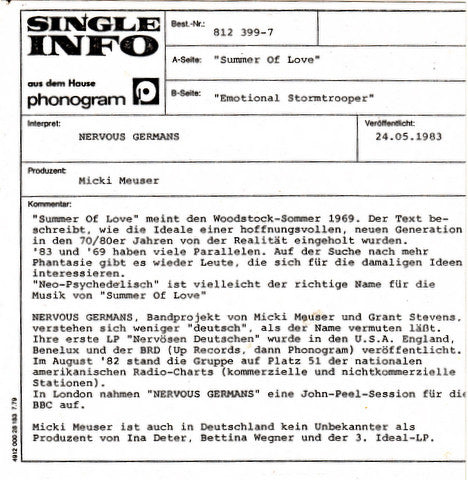 Nervous Germans : Summer Of Love (7", Single)