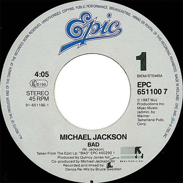 Michael Jackson : Bad (7", Single)