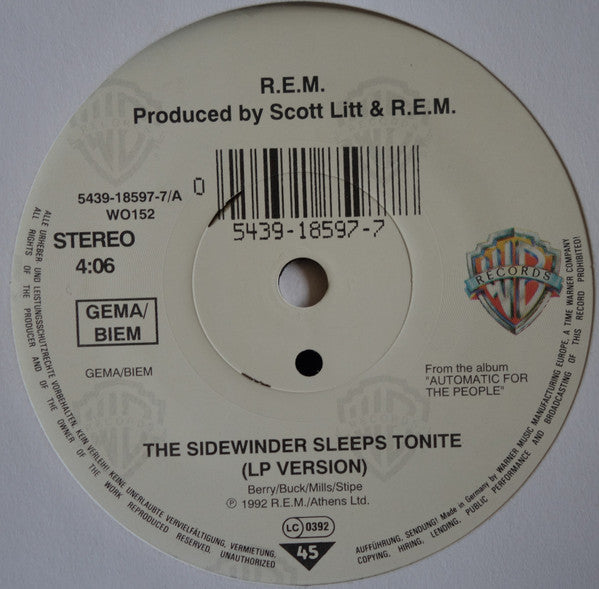 R.E.M. : The Sidewinder Sleeps Tonite (7", Single)