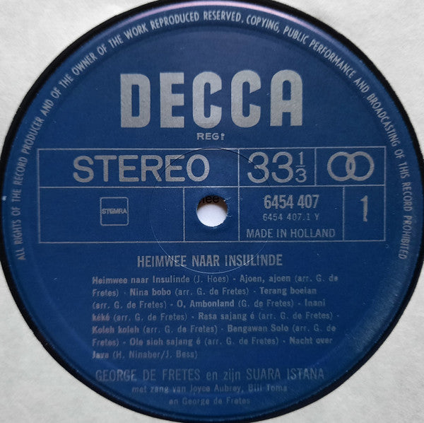 George de Fretes En Zijn Suara Istana : Heimwee Naar Insulinde (LP, Album, RE)
