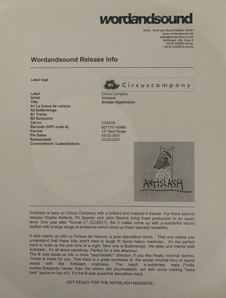 Antislash : Sheeps Nightmares (12", Promo, W/Lbl)