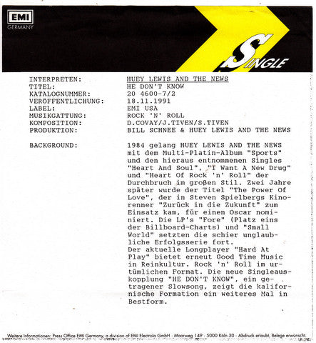 Huey Lewis And The News* : He Don't Know (7", Single)