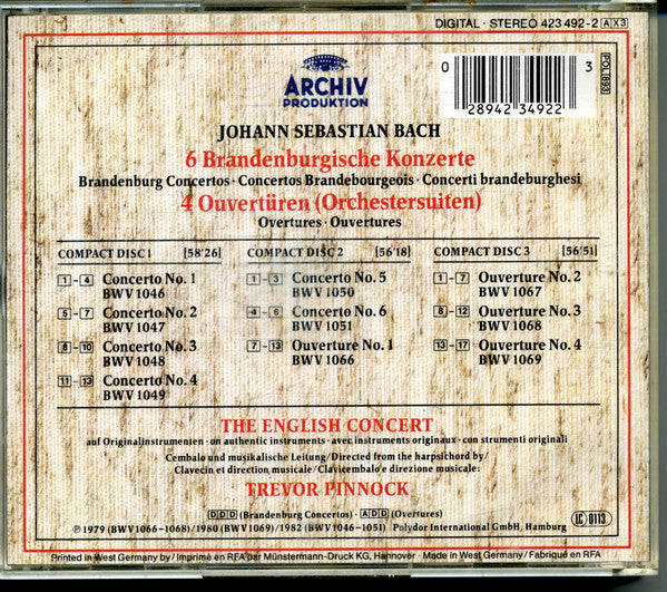 Johann Sebastian Bach – The English Concert, Trevor Pinnock : 6 Brandenburg Concertos / 4 Orchestral Suites = Brandenburgische Konzerte/ Ouvertüren = Concertos Brandebourgeois/ Ouvertures (3xCD, Comp)