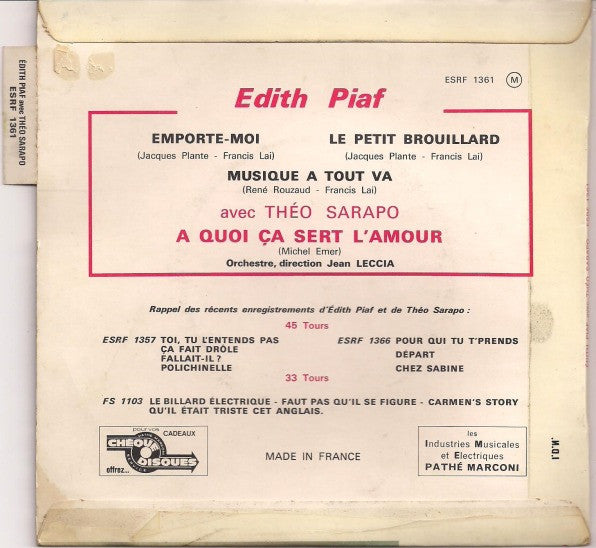 Edith Piaf Avec Théo Sarapo : A Quoi Ça Sert L'amour (7", EP)