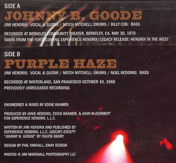 Jimi Hendrix : Hendrix In The West - Johnny B. Goode / Purple Haze (7", Single, Ltd, Num)