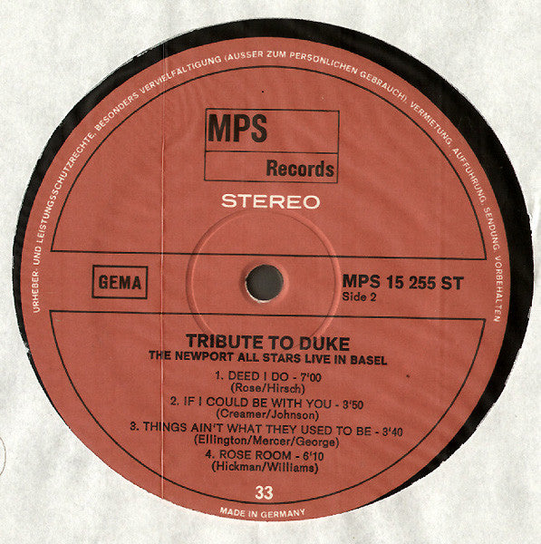 The Newport All Stars : Tribute To Duke, Recorded Live In Basel, Switzerland (LP, Album)