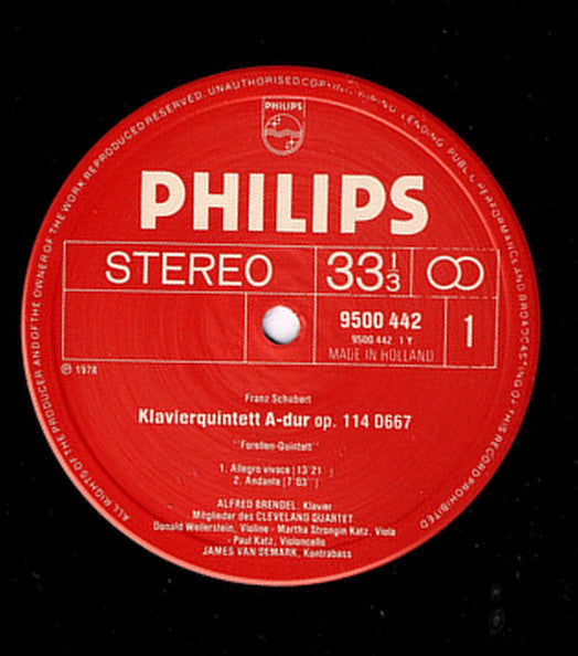 Schubert* - Alfred Brendel, Members Of The Cleveland Quartet, James Van Demark* : Piano Quintet, Op. 114 "Trout" (LP)