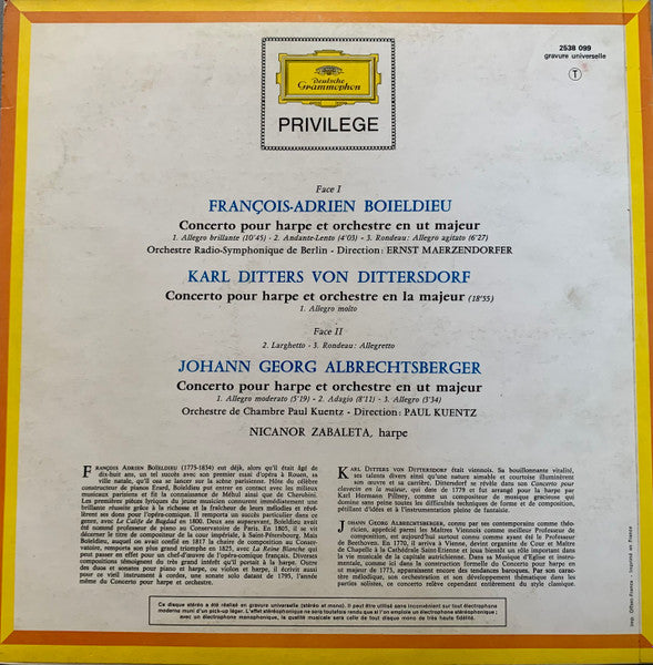 Boieldieu* / Dittersdorf* / Albrechtsberger* / Nicanor Zabaleta : Concertos Pour Harpe (LP)