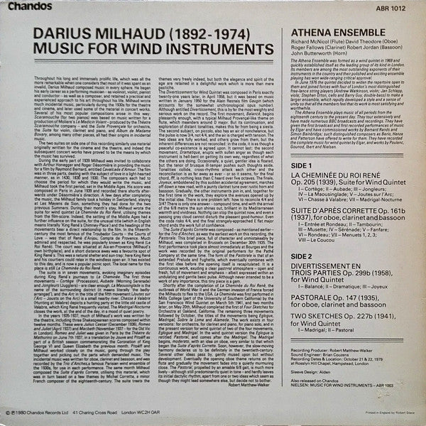 Darius Milhaud - Athena Ensemble : Music For Wind Instruments (LP)