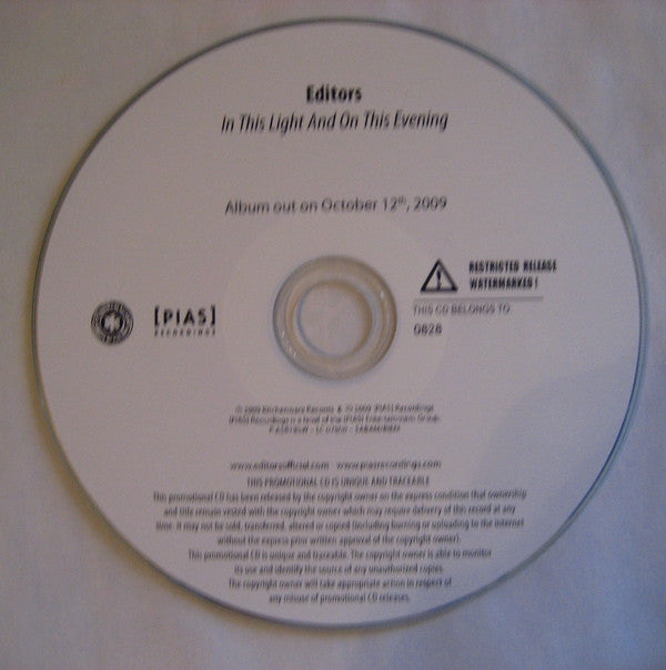 Editors : In This Light And On This Evening (CDr, Advance, Album, Promo)