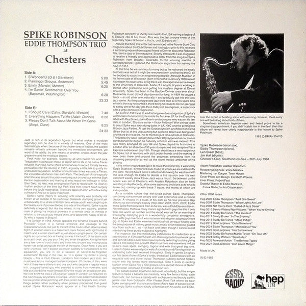 Spike Robinson With Eddie Thompson Trio : At Chesters (LP, Album)