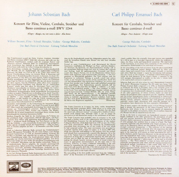 Johann Sebastian Bach / Carl Philipp Emanuel Bach - Yehudi Menuhin , Violine / George Malcolm , Cembalo / William Bennett (3) , Flöte / Bath Festival Orchestra / Leitung Yehudi Menuhin : Tripelkonzert A-moll BWV 1044 / Cembalokonzert D-moll (LP, Album)