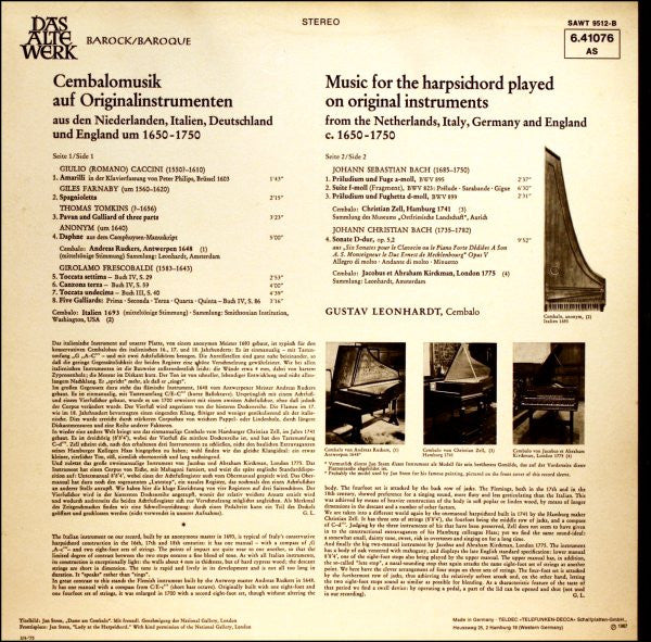 Gustav Leonhardt - Giles Farnaby / Thomas Tomkins / Girolamo Frescobaldi / Johann Sebastian Bach / Johann Christian Bach : Cembalomusik Auf Originalinstrumenten • Harpsichord Music On Original Instruments (LP, Album, RE)