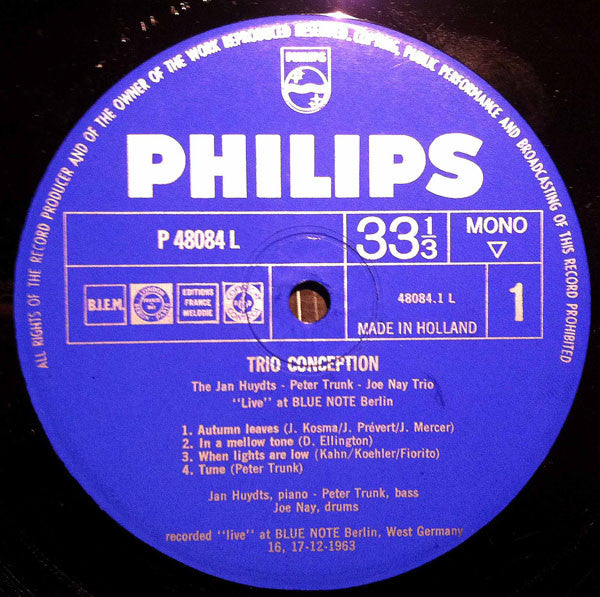 The Jan Huydts / Peter Trunk / Joe Nay Trio : Trio Conception (LP, Album, Mono)