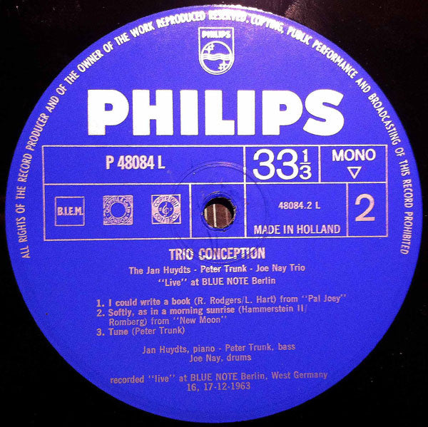 The Jan Huydts / Peter Trunk / Joe Nay Trio : Trio Conception (LP, Album, Mono)