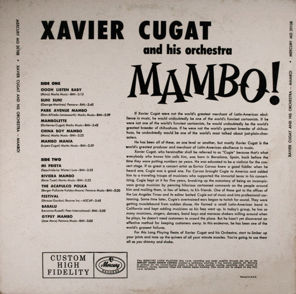 Xavier Cugat And His Orchestra : Mambo! (Music For Latin Lovers) (LP, Album, Mono, Ind)