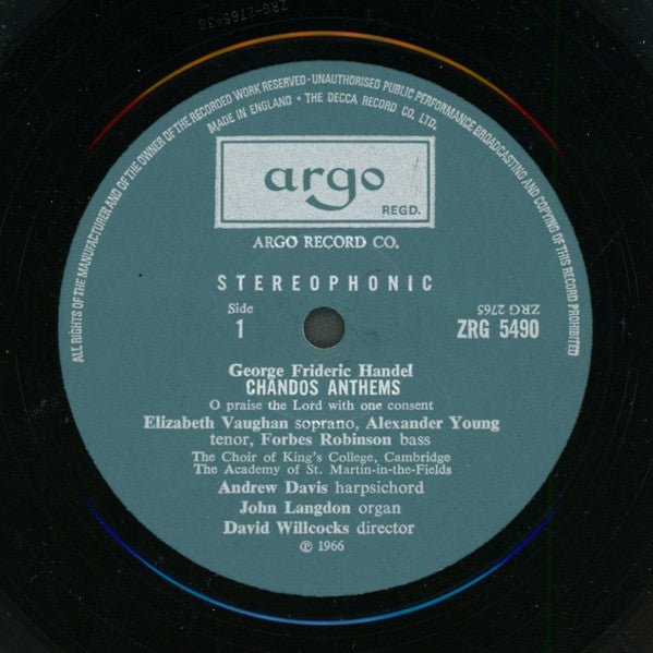 Georg Friedrich Händel - Elizabeth Vaughan, Alexander Young, Forbes Robinson, The King's College Choir Of Cambridge, David Willcocks, The Academy Of St. Martin-in-the-Fields : Chandos Anthems (O Praise The Lord / Let God Arise) (LP, RP)