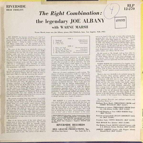 Joe Albany With Warne Marsh : The Right Combination (LP, Album, Mono)