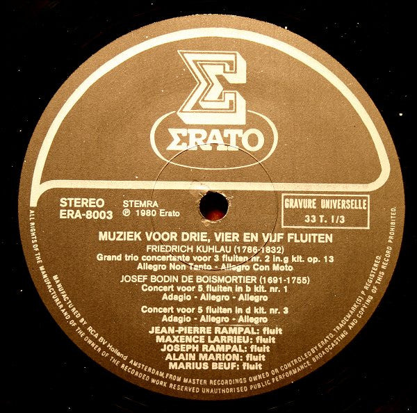 Joseph Bodin De Boismortier / Anton Reicha / Daniel Friedrich Rudolph Kuhlau - Jean-Pierre Rampal, Maxence Larrieu, Joseph Rampal, Alain Marion, Marius Beuf : Muziek Voor 3, 4 En 5 Fluiten (LP, Album)