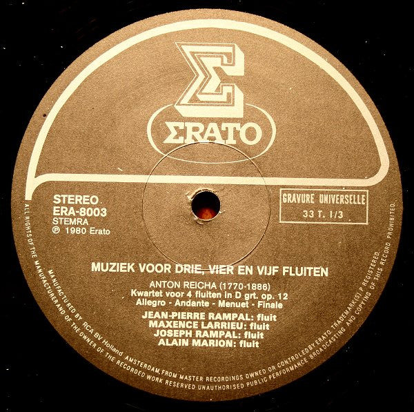 Joseph Bodin De Boismortier / Anton Reicha / Daniel Friedrich Rudolph Kuhlau - Jean-Pierre Rampal, Maxence Larrieu, Joseph Rampal, Alain Marion, Marius Beuf : Muziek Voor 3, 4 En 5 Fluiten (LP, Album)