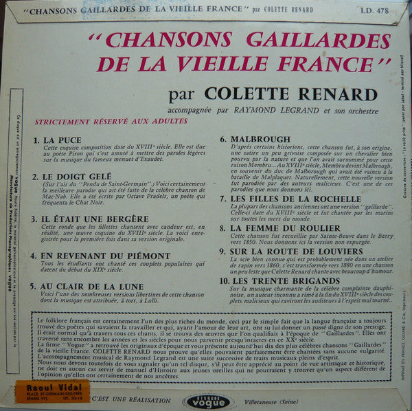 Colette Renard Accompagnée Par Raymond Legrand Et Son Orchestre : Chansons Gaillardes (10", Album)