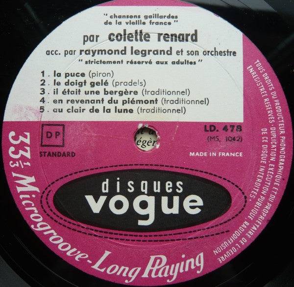 Colette Renard Accompagnée Par Raymond Legrand Et Son Orchestre : Chansons Gaillardes (10", Album)