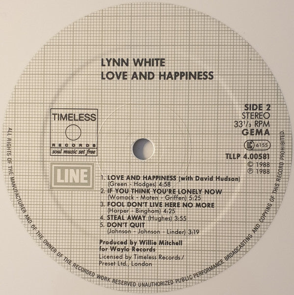Lynn White : Love And Happiness (LP, Album, Whi)