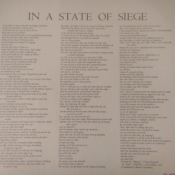 Mikis Theodorakis : In A State Of Siege (LP, Album)