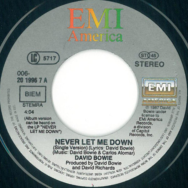 David Bowie : Never Let Me Down (Single Version) (7", Single)