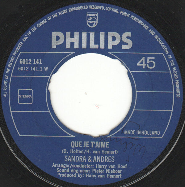 Sandra & Andres : Que Je T'aime (7", Single, Pap)