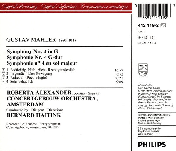 Mahler* – Roberta Alexander, Concertgebouw Orchestra, Amsterdam*, Bernard Haitink : Symphony No. 4 (CD)