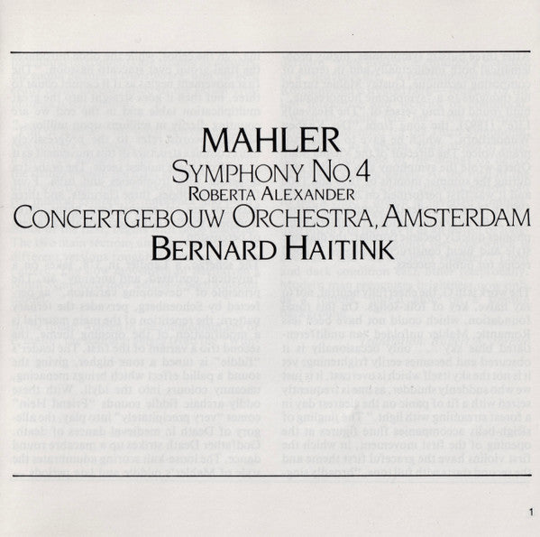 Mahler* – Roberta Alexander, Concertgebouw Orchestra, Amsterdam*, Bernard Haitink : Symphony No. 4 (CD)