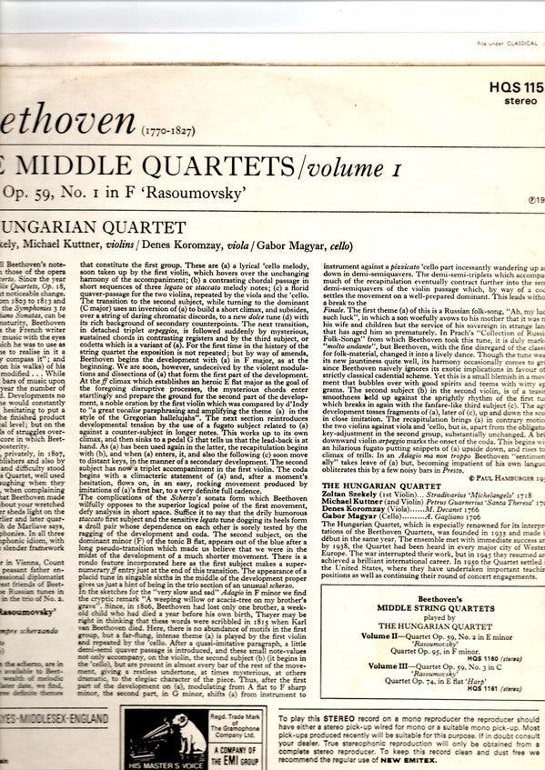 The Hungarian Quartet - Ludwig Van Beethoven : The Middle Quartets - Volume One: Op.59, No.1 In F "Rasoumovsky" (LP)