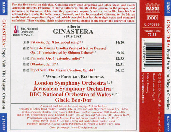 Alberto Ginastera, London Symphony Orchestra, Jerusalem Symphony Orchestra, BBC National Orchestra Of Wales, Gisèle Ben-Dor : Popol Vuh: The Mayan Creation (CD, Album)