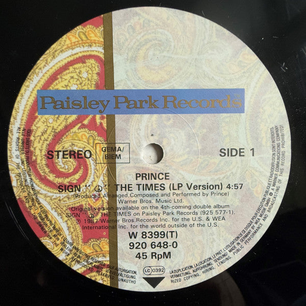 Prince : Sign "O" The Times (12", Maxi)