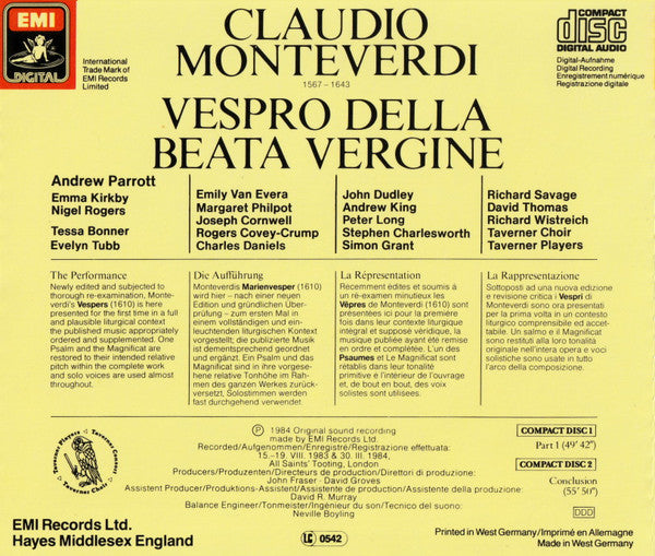Claudio Monteverdi – Taverner Consort, Taverner Choir, Taverner Players, Andrew Parrott : Vespro Della Beata Vergine (1610) (2xCD, Album + Box)