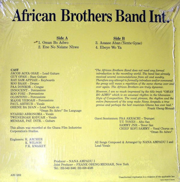 Nana Kwame Ampadu's African Brothers Band Int.* : Oman Bo Adwo (LP, Album)