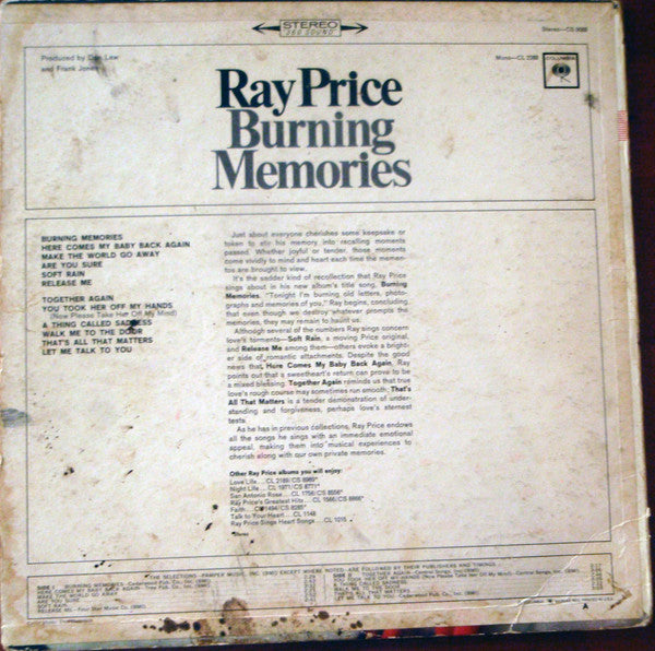 Ray Price : Burning Memories (LP, Album, San)