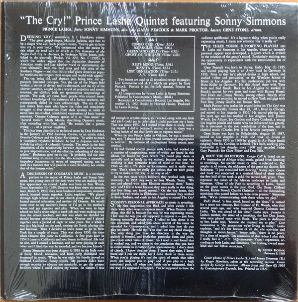 Prince Lasha Quintet Featuring Sonny Simmons : The Cry! (LP, Album, RE)
