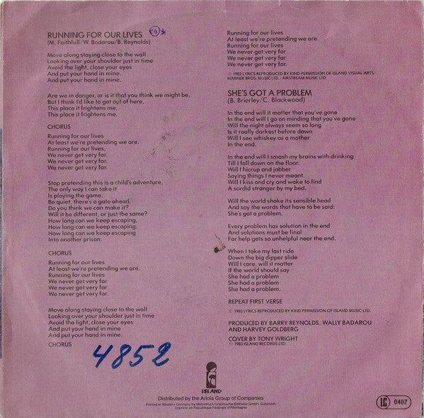 Marianne Faithfull : Running For Our Lives (7", Single)