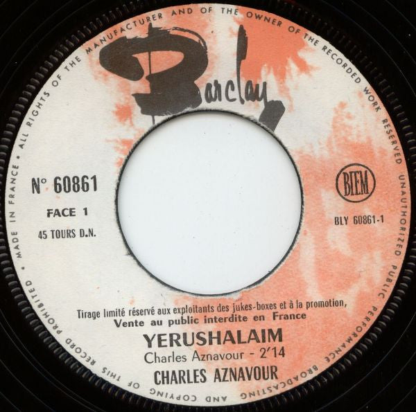 Charles Aznavour : Yerushalaïm / Éteins La Lumière (7", Single, Ltd, Promo)