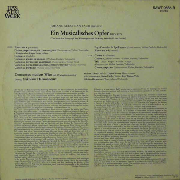 Johann Sebastian Bach – Concentus Musicus Wien : Musikalisches Opfer (Auf Originalinstrumenten) (LP, Album)