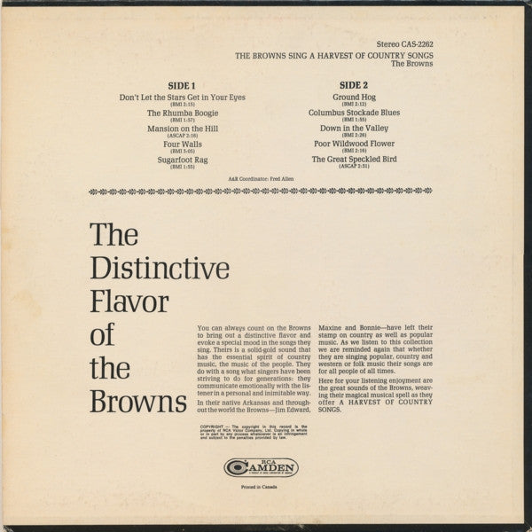 The Browns (3) : The Browns Sing A Harvest Of Country Songs (LP, Comp)